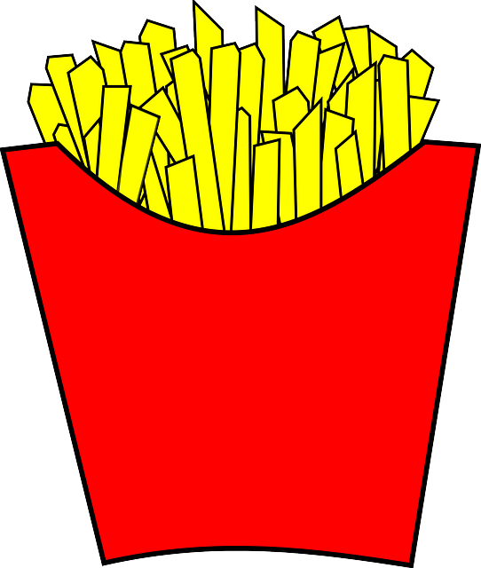 Zeichnung einer roten Pommestüte in der typischen McDonalds-Form, aus der oben die Pommes Frittes herausquellen.